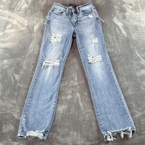 Judy Blue Straight Fit Distressed Jeans Medium Wash Raw Hem Mid Rise Size 1/25